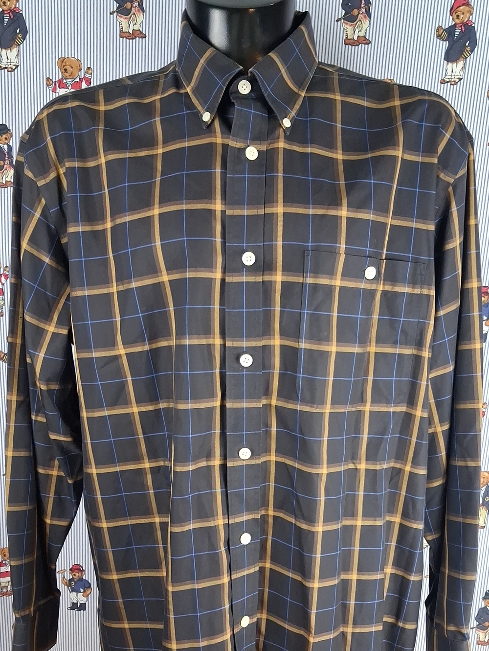 Orvis Chunky Plaid Casual Pleated Back Brown Gold & Blue Full Button-up Lg Shirt